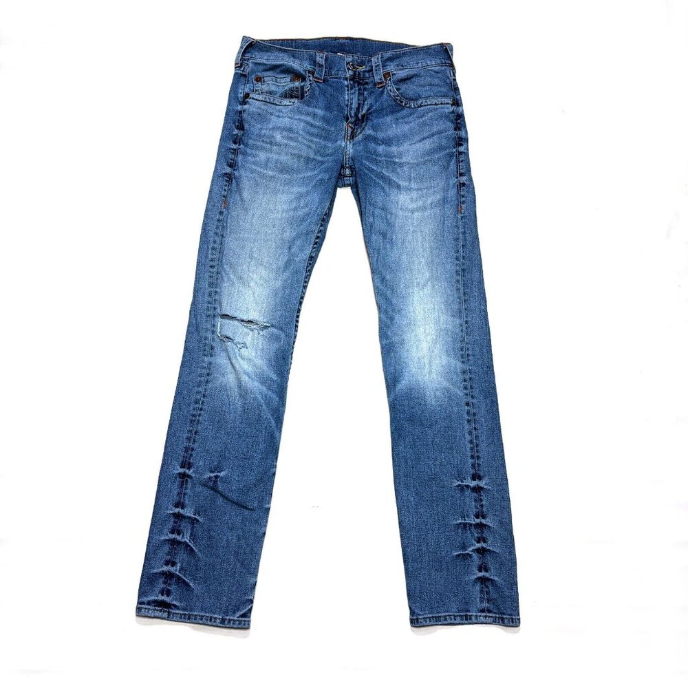 True Religion Geno Slim No Flap Blue Denim Jeans 1016863 Mens 32x33 Distressed